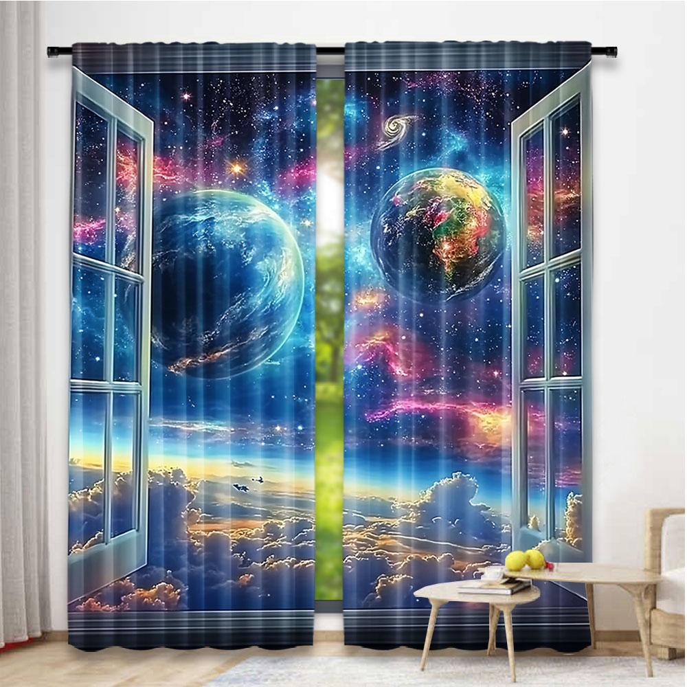 2Pcs Space Galaxy Curtains Universe Nebula Galaxies Solar Planet Suitable For Bedroom Living Room Dining Room And Bathroom