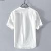 Men's Summer Stand Collar Cotton Linen Shirt - White Ice Silk Short Sleeve Polo