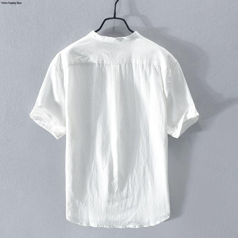 Men's Summer Stand Collar Cotton Linen Shirt - White Ice Silk Short Sleeve Polo