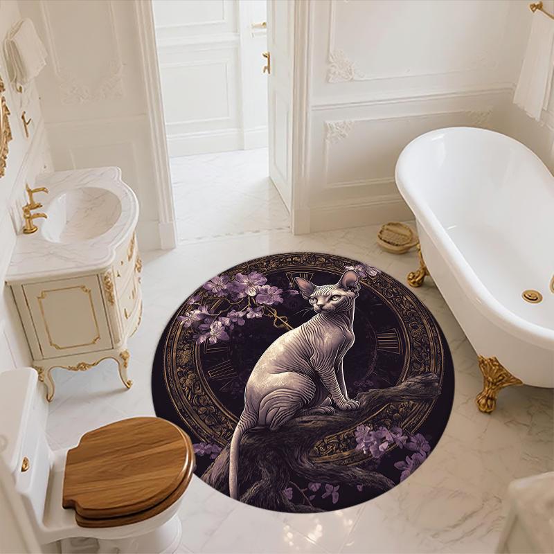 Sphynx Cat and Flowers pattern round rug,Carpet Rug for Living Room Bedroom Sofa Playroom Decor,Non-slip Floor Mat,Holiday Gifts and Birthday Gifts