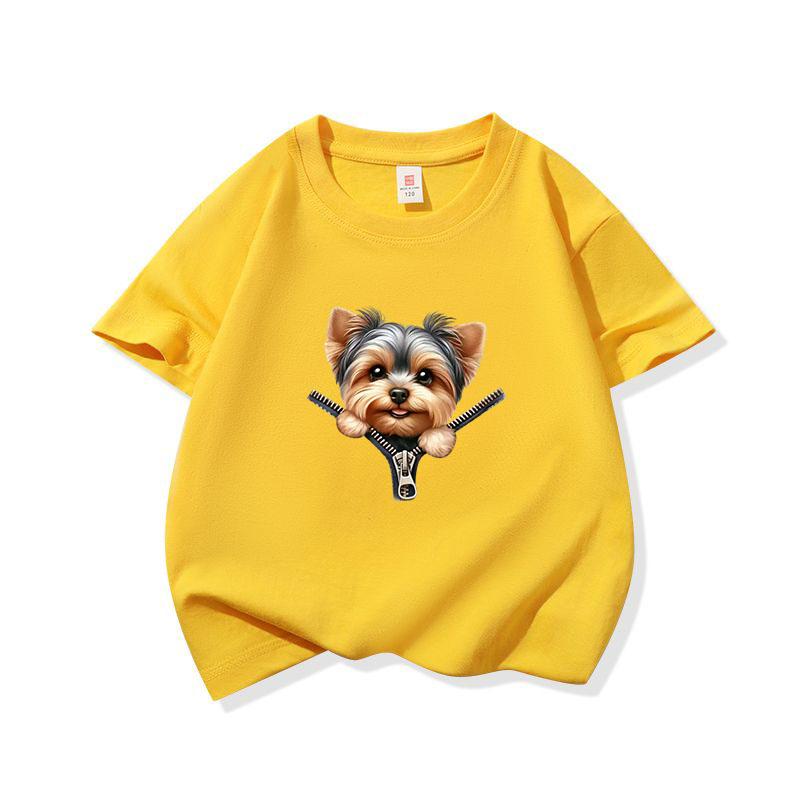 Kids Cotton T Shirt Sweet Yorkshire Terrier Dog Zipper Print Crew Neck Short Sleeve Tee Casual Breathable Boys Girls Summer Tops