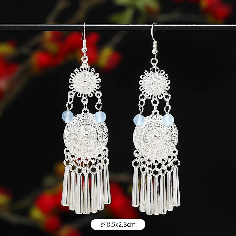 Miao Yin earrings original niche retro Dongling jade earrings long fringed earrings women