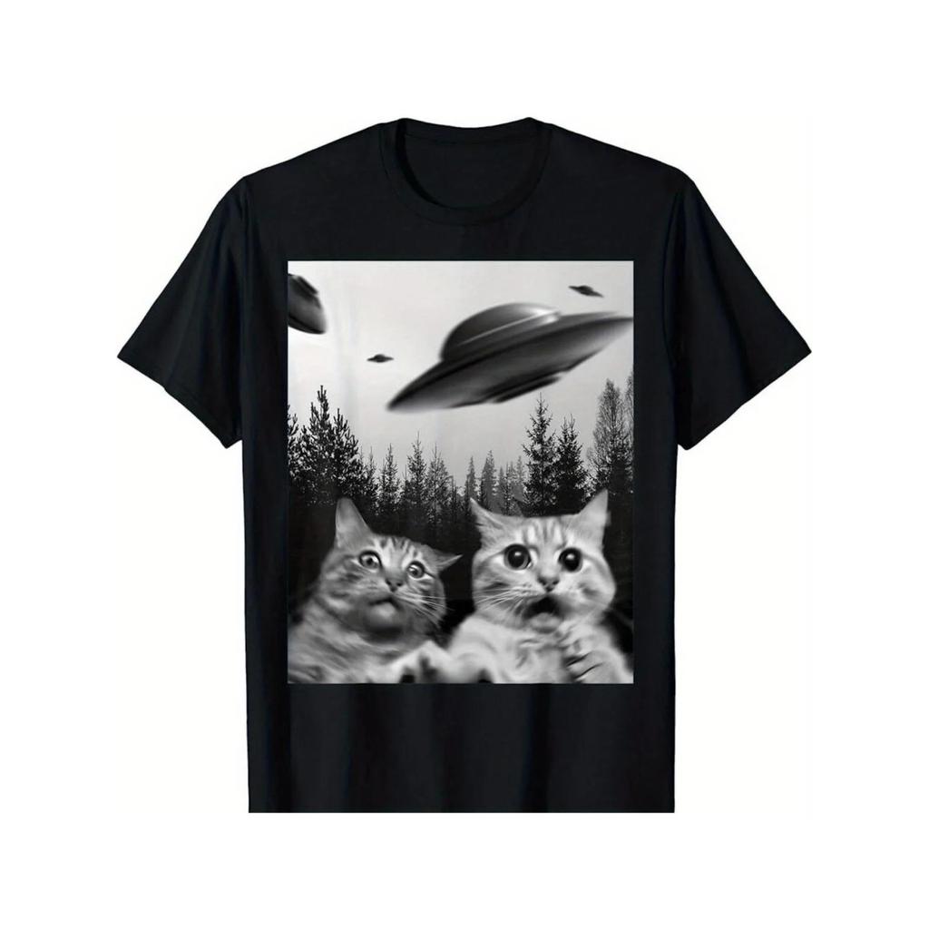 NUOVA MIGLIORE DA ACQUISTARE Stampa Donna Manica Corta Divertente Duo Gatti Selfie con UFO Regalo Amante dei Gatti T-Shirt Abbigliamento Kawaii