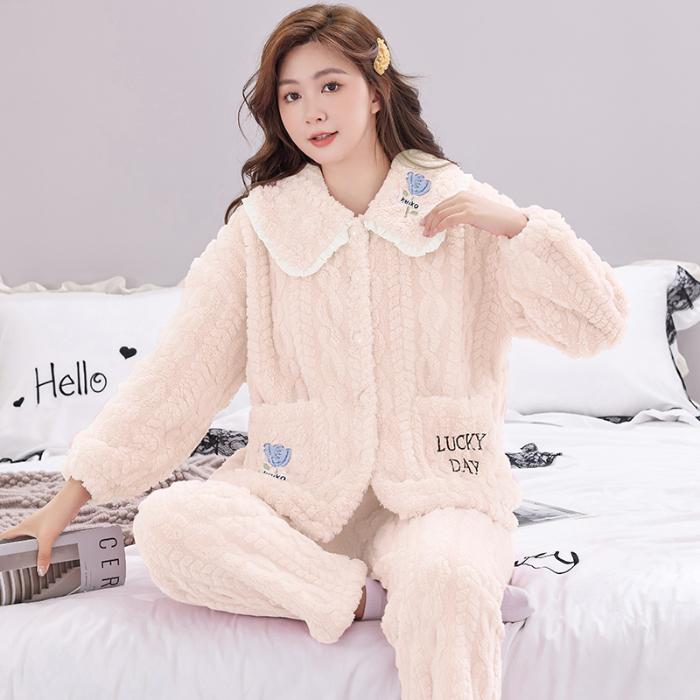 

Фланелевая женская пижама, новая осенне-зимняя теплая утолщенная коралловая бархатная пижама с длинными рукавами и рисунком, домашняя пижама для женщин 2XL