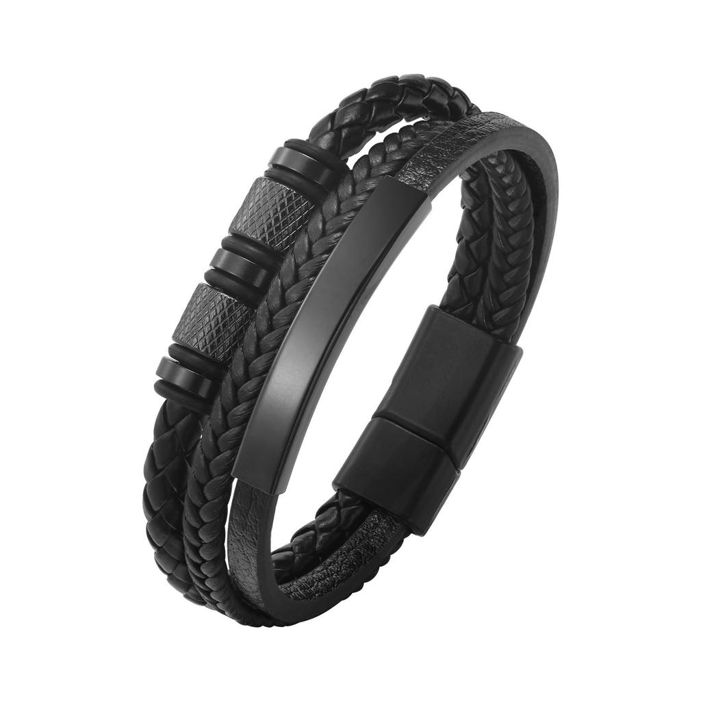 Leather rope bracelet cowhide men's double-layer stainless steel leather woven bracelet handmade multi-layer bracelet