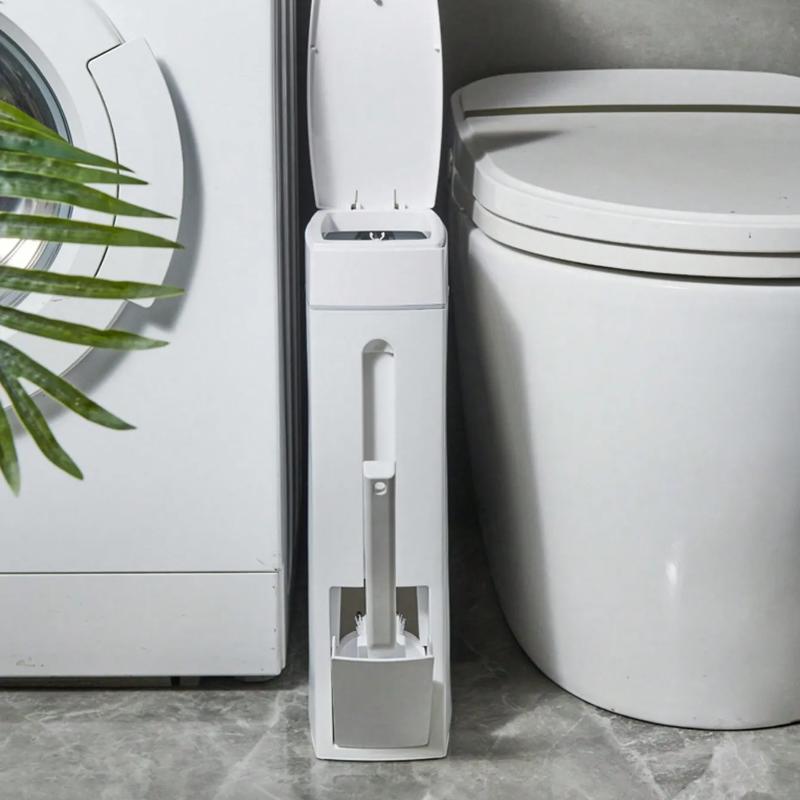 Coș de gunoi ultra subțire pentru baie, cu capac presabil și închidere silențioasă, suport încorporat pentru peria de toaletă, coș de gunoi din plastic pentru spații înguste, capacitate 4,5L, organizator pentru baie