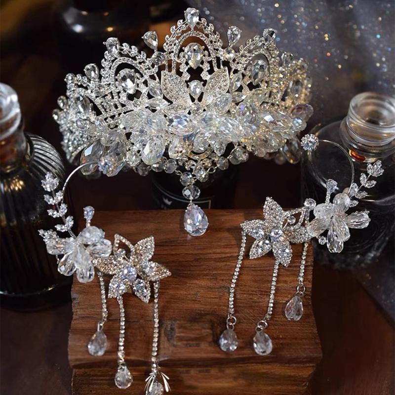 Crystals Bridal Headband with Forehead Chain Adjustable Wedding Crown/Ear Hangers Jewelry for Photography and Ceremony