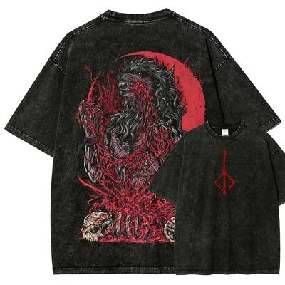 Bloodborne Hunter Symbol Wolf Beast Double-Sided Acid Washed T-Shirt Gothic Dark Horror Game Vintage Black Oversized Unisex Streetwear T-shirt