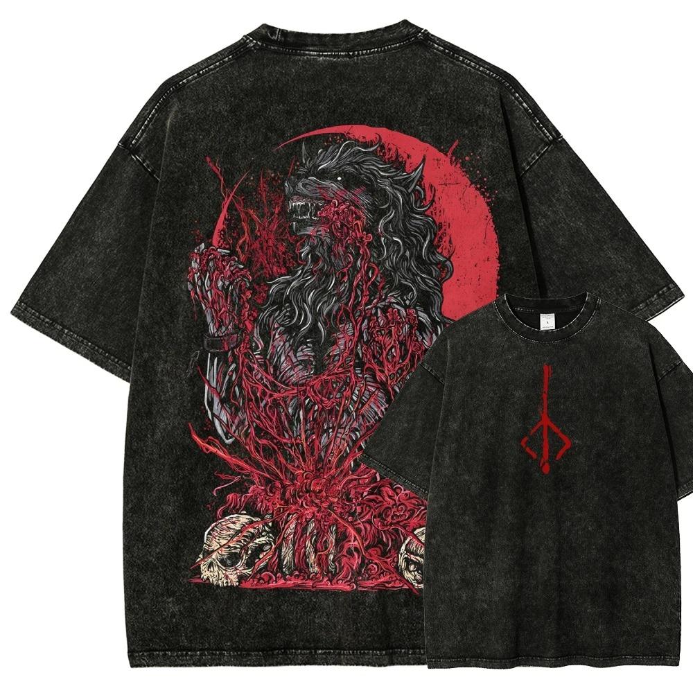 Bloodborne Hunter Blood Moon Vintage Washed T-Shirt, Unisex Soulsborne Game Fan Streetwear Tee, 100% Cotton Casual Short Sleeve Top