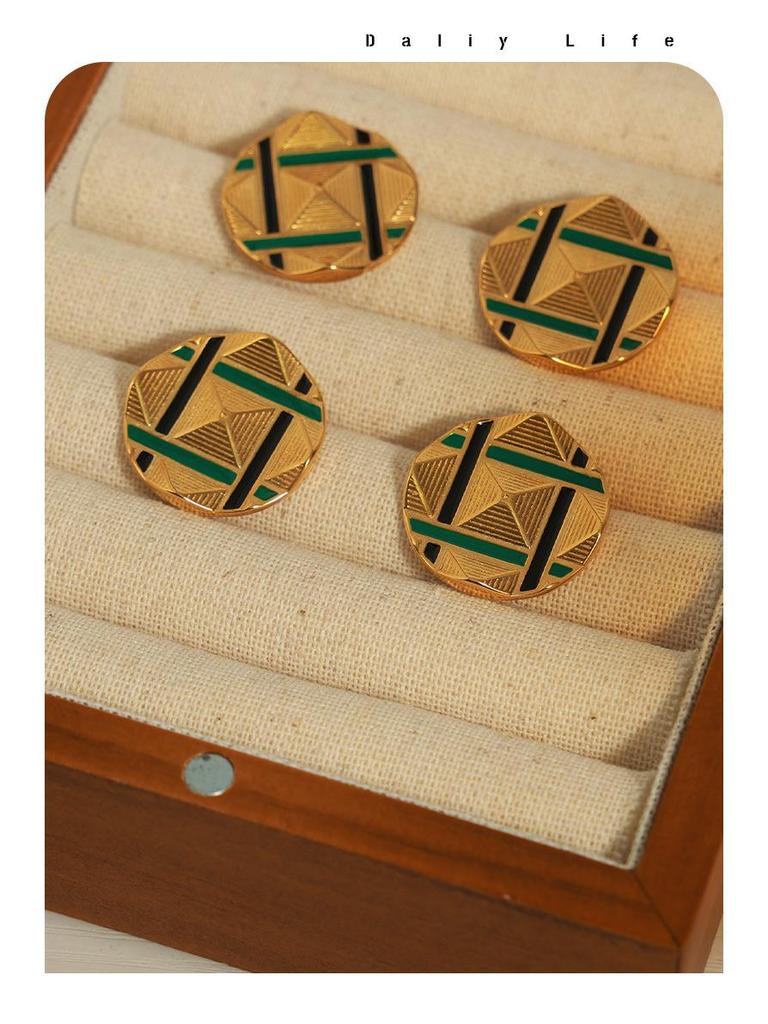 Stylish Gold-Plated Enamel Pyramid Carved Round Stud Earrings