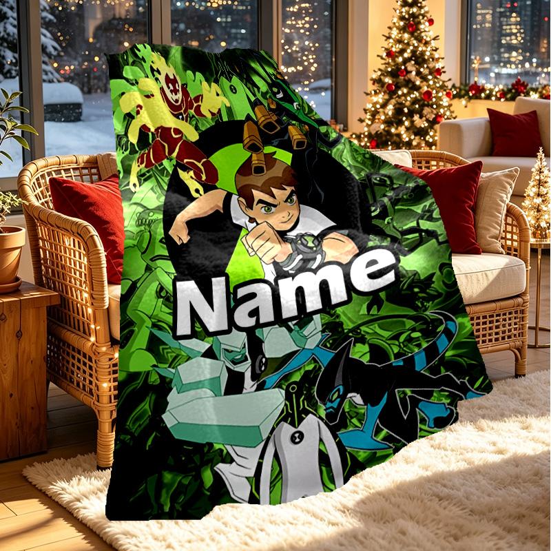 Custom Name Personalized Ben 10 Cartoon Print Blanket, Home Decor, Bedroom, Sofa, Camping, Couch, Gifts for Birthday ChristmasEnthusiasts