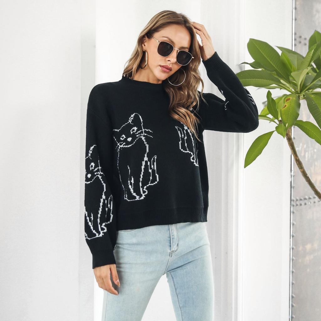 GMXIA Damenmode, lässig, Kätzchen-Druck, Herbst-Winter, langärmelig, halber Rollkragenpullover, lose Pullover
