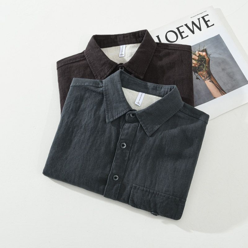Foreign Trade Surplus Spring and Autumn Thin Linen Long-Sleeve Shirt for Men, Vintage Texture Square Collar Cotton-Linen Shirt, Loose Fit Jacket