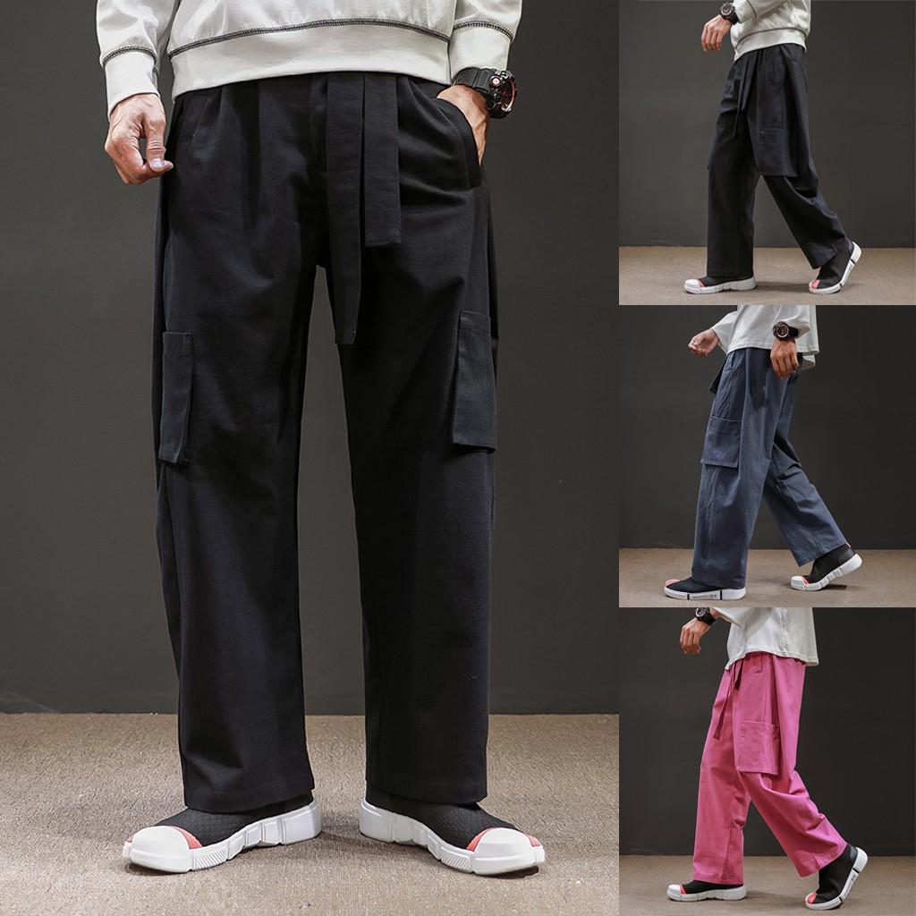 

Мужские льняные широкие брюки большого размера в стиле ретро с несколькими карманами, брюки