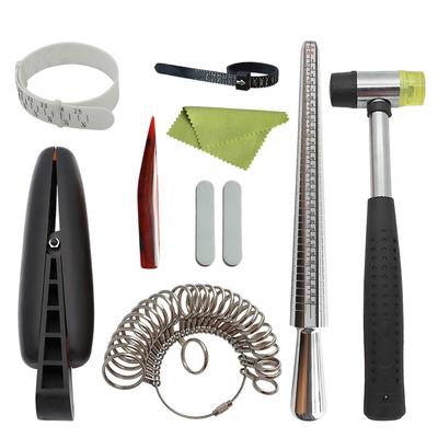 10-teiliges Ringdorn-Werkzeugset, Ringgrößenversteller, Armbandmaß, Ringklemme, Schmuckhammer, poliertes Achatmesser, Poliertücher und -stäbchen