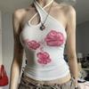 Asymmetrical Halter Crop Top Y2k Floral Print Sleeveless White Tank Tops Women Basic Tees Vintage Sexy Camisole Harajuku