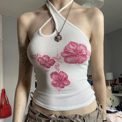 Asymmetrical Halter Crop Top Y2k Floral Print Sleeveless White Tank Tops Women Basic Tees Vintage Sexy Camisole Harajuku