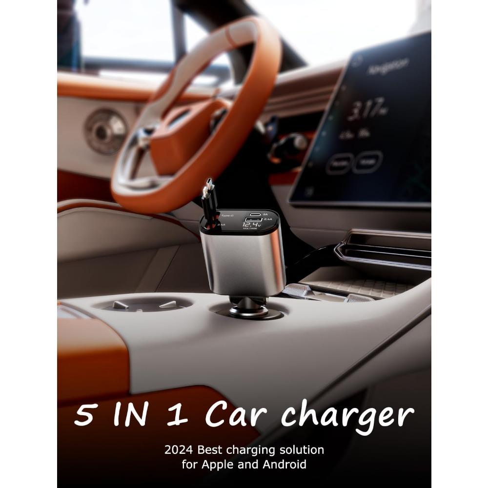 Zatahovací nabíječka do auta 4 v 1, 100W rychlé nabíjení, duální kabely, displej napětí, pro iPhone 15/14/Samsung