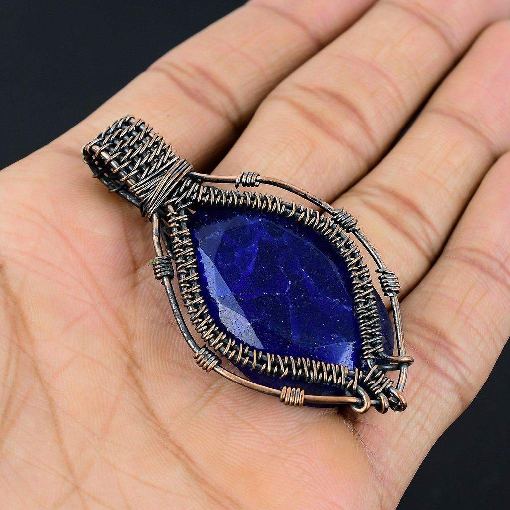 Blue Sapphire Pendant, Handmade Gemstone Pendant, 999 Copper Wire Wrapped Pendant Antique Jewelry, For Engagement Gift