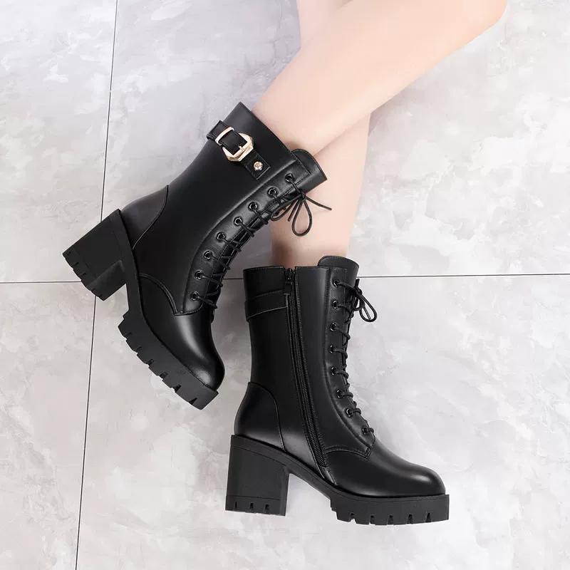 Autumn and Winter Winter High-heeled Pu Leather Women Winter Boots Thick Wool Warm Women Boots High-quality Female Snow Boots