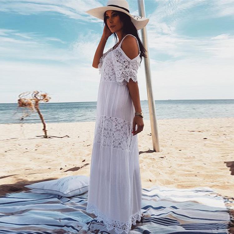 Vestido de Playa Cubre Traje de Algodón Mezclado Europeo y Americano con Encaje Bordado y Tirantes Espagueti