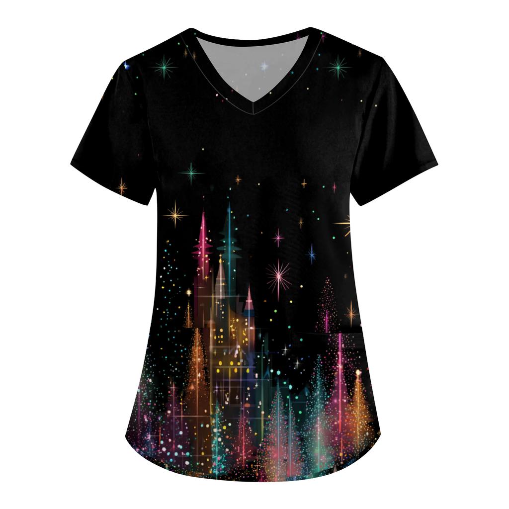 Women's Printing Uniform Work Uniform V-neck Pockets Basic Short Sleeve Pullover Top