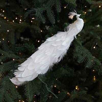 Colorful Artificial Christmas Peafowl Glitter Feather Long Tail Simulation Peacock Handmade with Clip Christmas Bird Ornaments