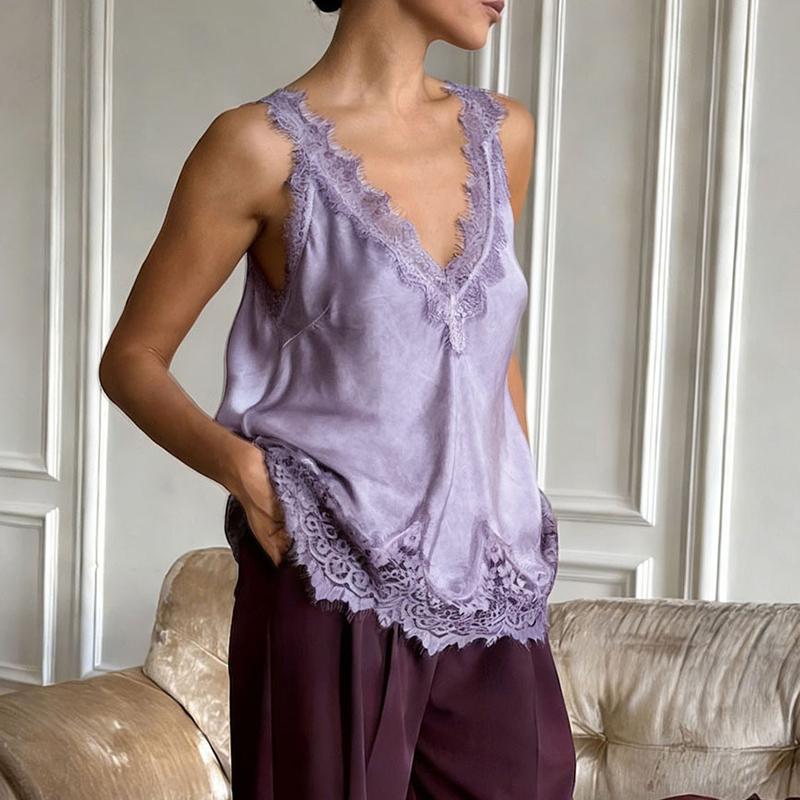 Spetsdetaljerad Topp för Kvinnor Camisole Toppar V-ringad Ärmlös Lös Väst Ny Sommar 2026 Mode Kvinnlig Pendling T-shirt