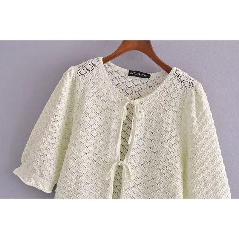 Kaslead New Arrival Women's Clothing Fashion Style Stylish Simple and Versatile Bows Shoelace Knitting Short Sleeve Jacket