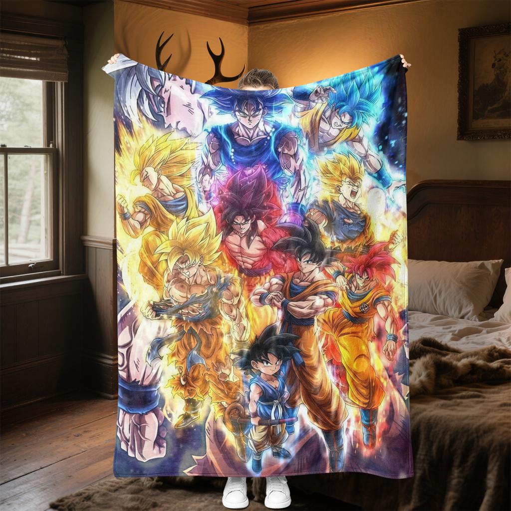 1pz Coperta in Flanella con Stampa Son Goku, Alta Qualità per Tutte le Stagioni, Decorazione per la Casa, Calore e Comfort, Perfetta per Regali di Natale