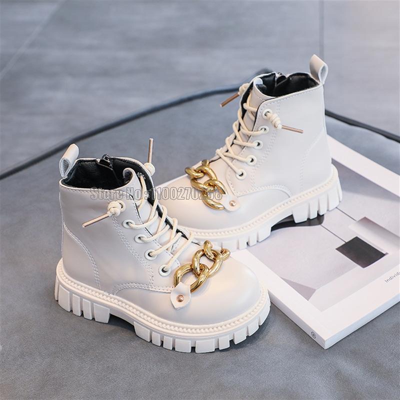 Children Autumn Winter Style Velvet Cotton Boots Boys Girls Metal Chain Middle Boots Shoes