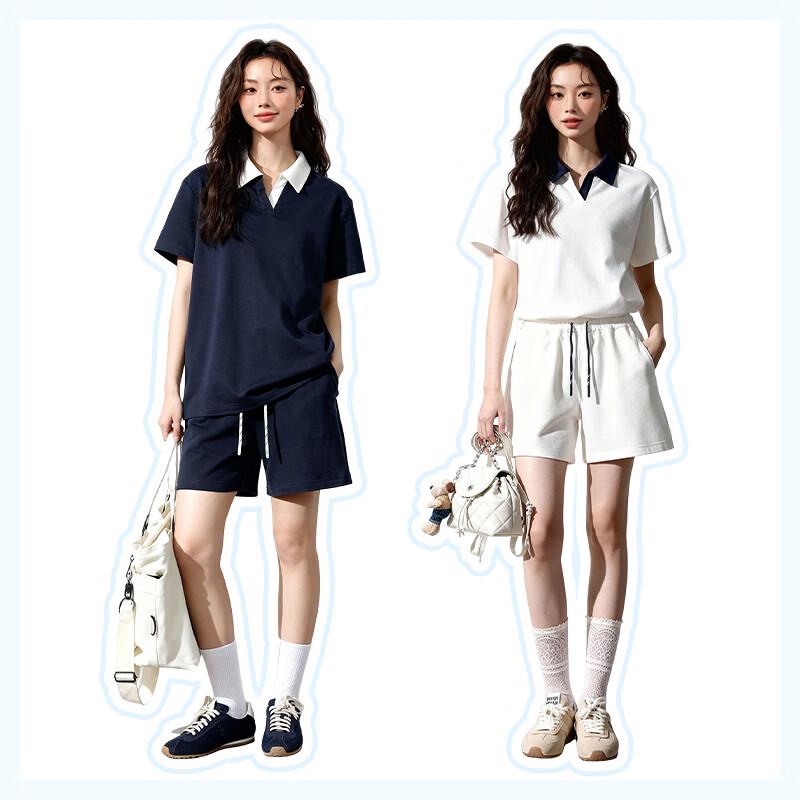 Damen Polokragen Color-Block T-Shirt & Shorts Set