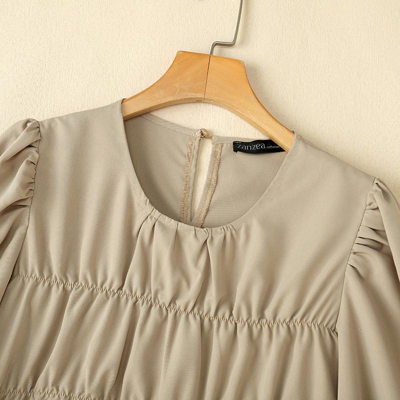 ZANZEA Kvinner Casual rund hals ensfarget løs kortermet bluse