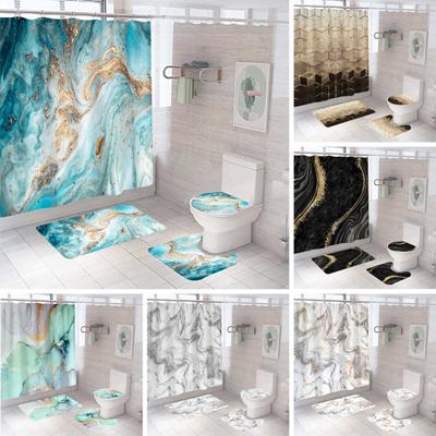 4-Piece Shower Curtain Bathroom Set with Anti-Slip Rug Modern 3D Print Design