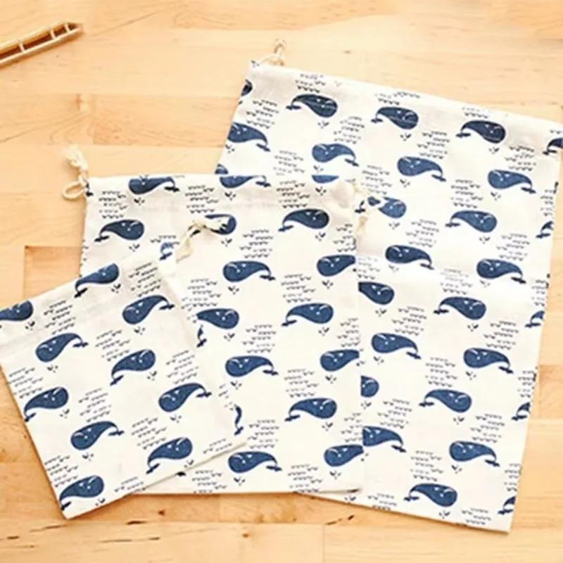 Small Fresh Printed Cotton Hemp Travel Storage Bag Bundle Pocket Drawstring Bag Clothes Storage and Organizing Bag Dustproof Bag