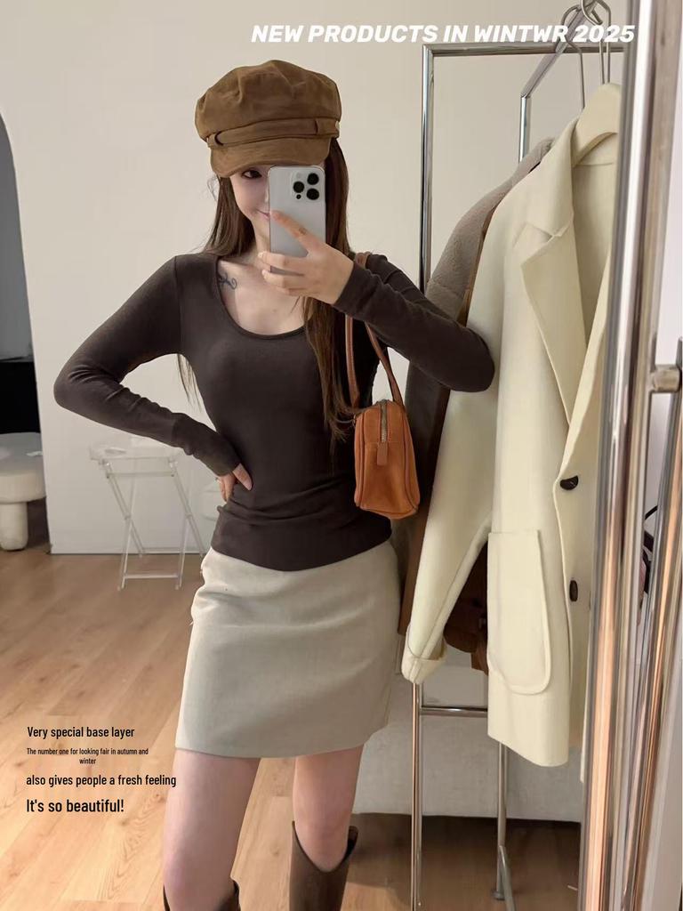 Women's Warm U-Neck Pearl Velvet Ribbed Base Layer Top - Autumn/Winter Style