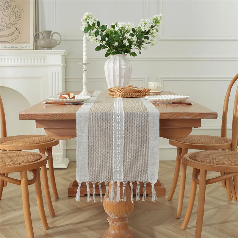 Hand Woven Solid Color Lace Table Runner with Fringe for Farmhouse Christmas Dining Table Decor