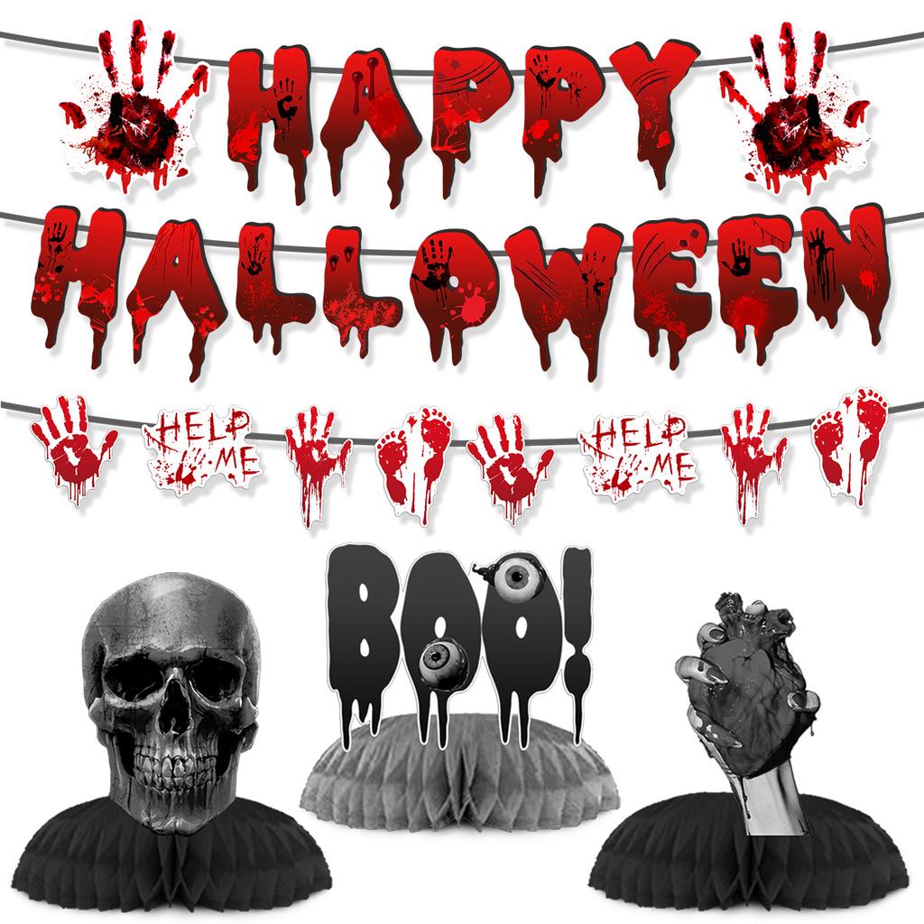 Halloween Bloody Horror Party Arrangement Bloody Handprint Birthday Flag Honeycomb Ornament Set