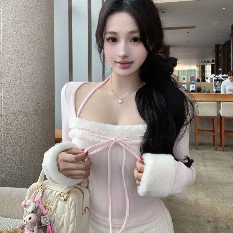 Women's Pink Patchwork Square Neck Long Sleeve T-shirt, Slim Fit, Autumn/Winter Style