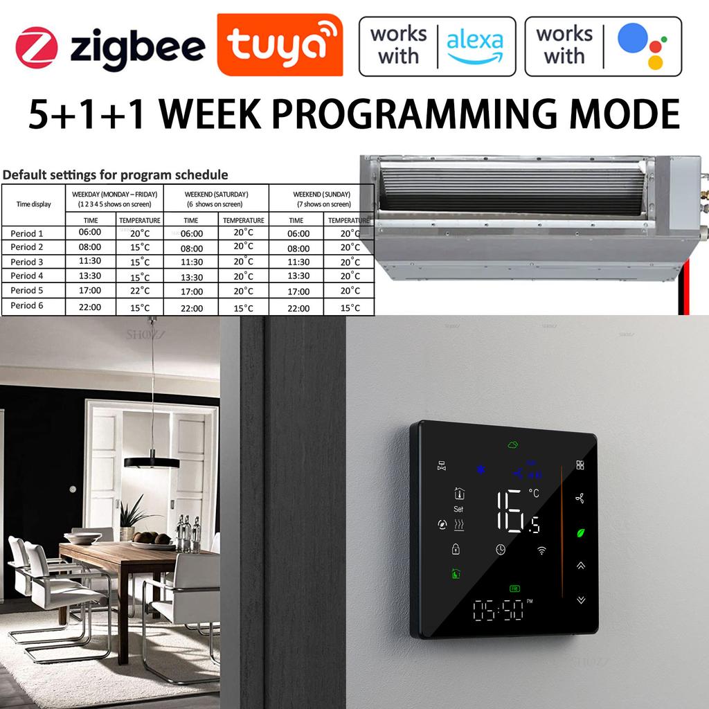 TUYA Zigbee Wi-Fi 2/4 Pipe Fan Coil Room Thermostat - HVAC Temperature Controller For Heating And Cooling 12VAC 24VAC 95-240VAC
