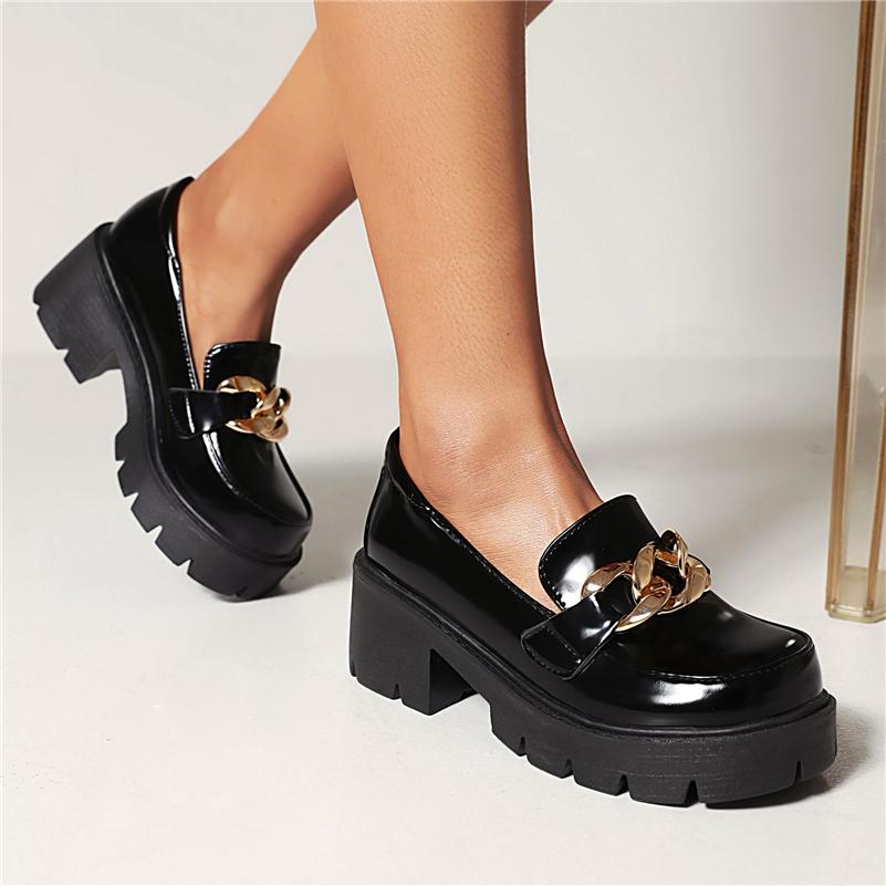 Meotina Escarpins à talons épais et plateforme pour femmes, décoration en métal, bout rond, talons hauts, chaussures pour dames, mocassins à la mode pour le printemps, noir