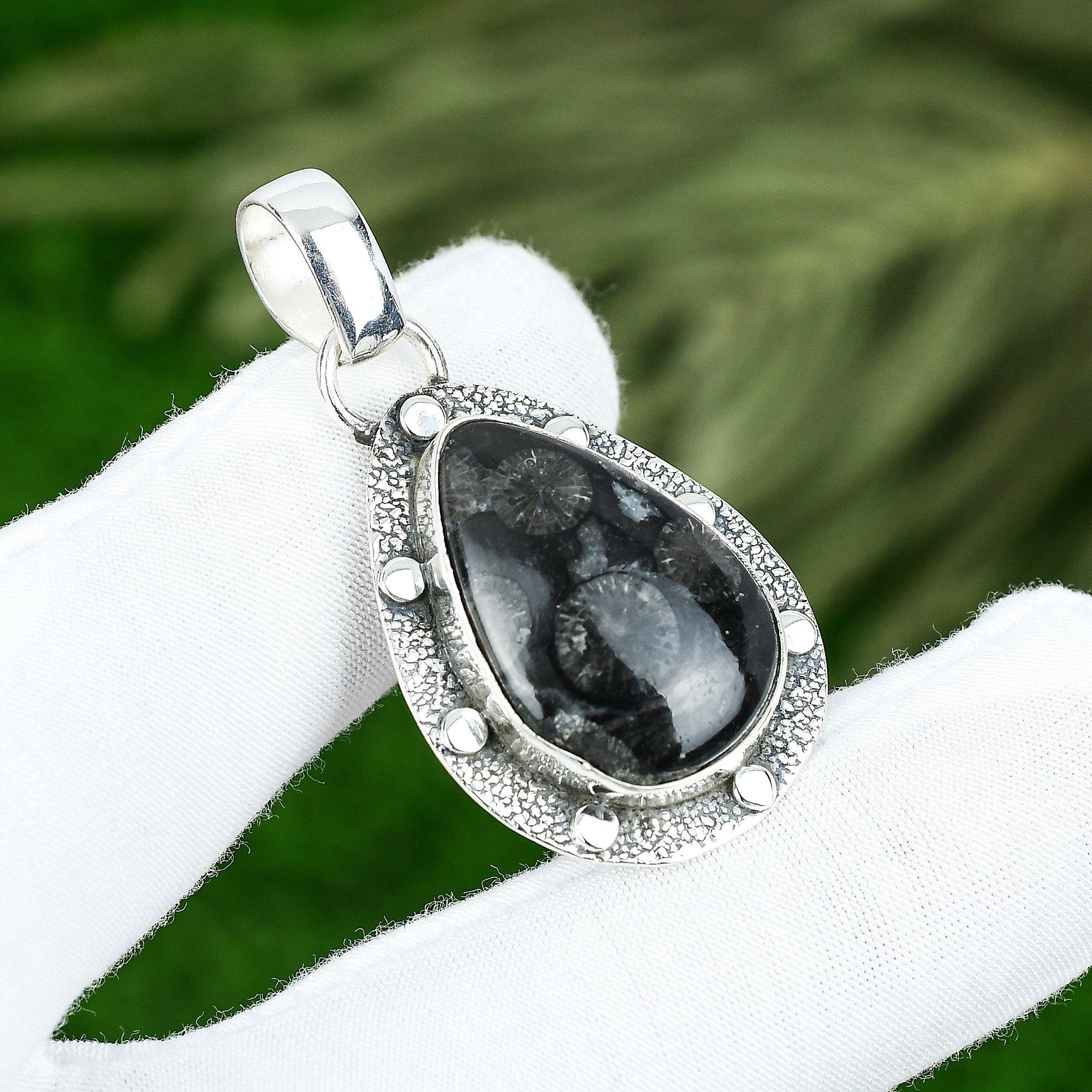 

Mothers day Deal 925 Silver Black Fossil Coral Gemstone Wedding Pendant Jewelry