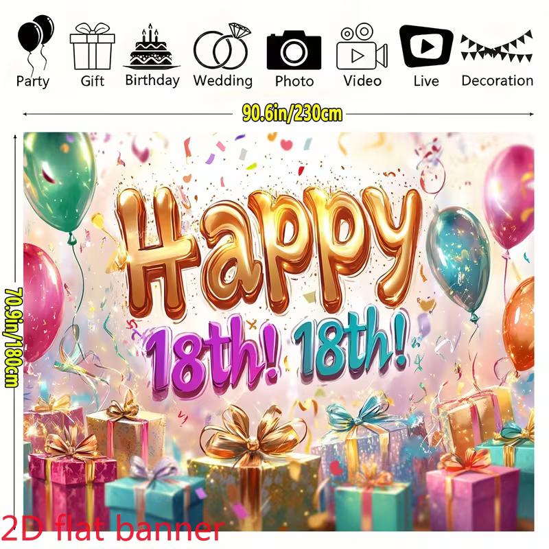 2D Happy 18th Birthday Backdrop Colorful Balloons Party Photography Background Banner
