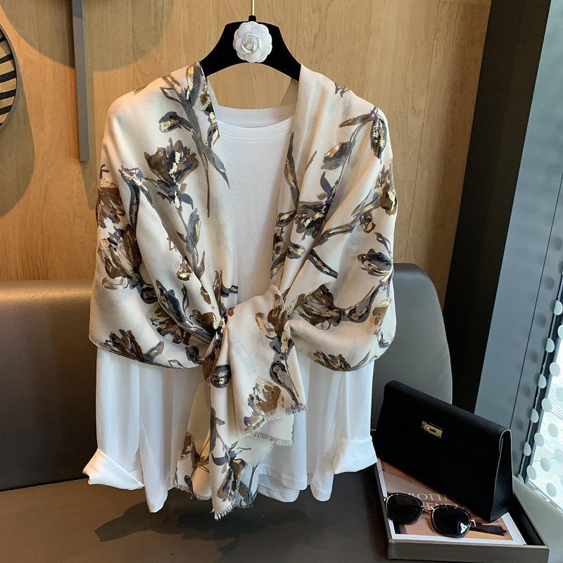 

Winter Lurex Glitter Penoy Floral Fringe Viscose Soft Scarf Cotton Shawls Women Perfect for Travel Casual Muslim Hijab 180*90Cm