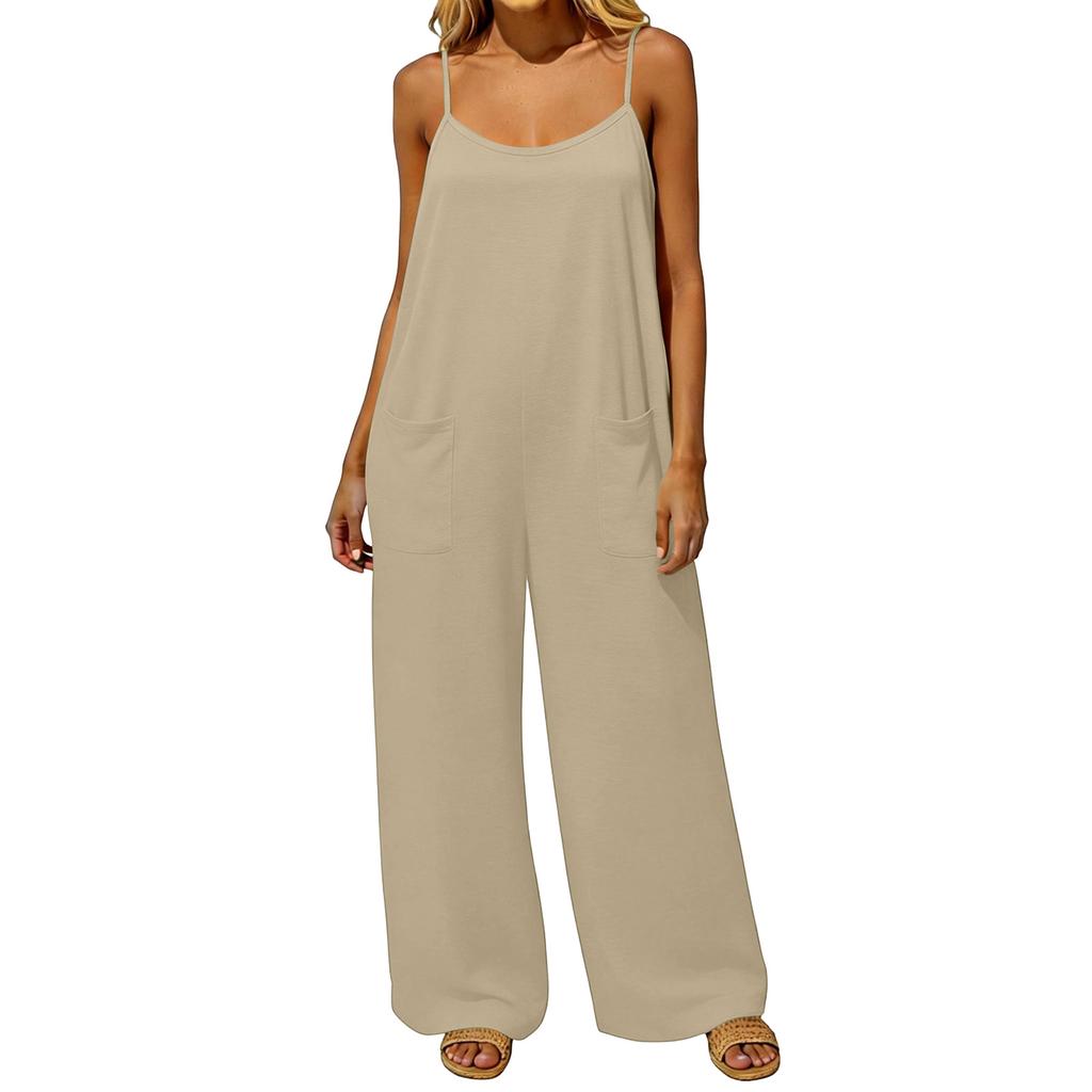 Women's Jumpsuit, Casual And Loose Fit, Featuring A Backless Design With Vintage Thin Straps. This Loungewear Jumpsuit Is Made From A Cotton And Li