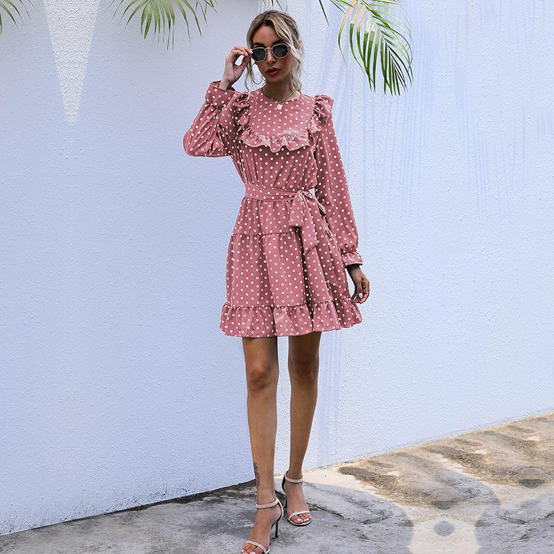 YYFS Women's Vintage Summer Spring Polka Dot Print Long Sleeve O-Neck High Waist Casual Dresses