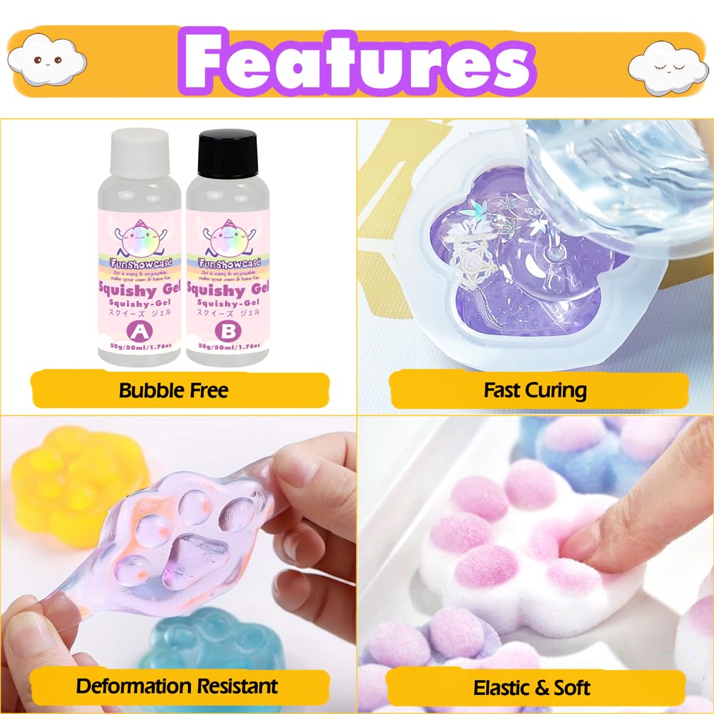 FUNSHOWCASE Kit squishy handmade Set squishy din rășină cu mucegai pentru labe și pudră de flocat DIY pentru ameliorarea stresului jucărie pufoasă pentru stoarcere moale pentru copii