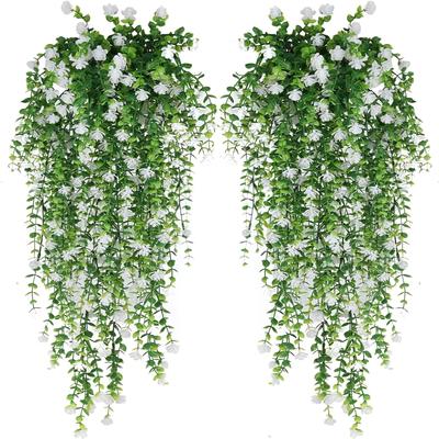 Künstliche Hängende Eukalyptusranke mit Weißen Blumen, UV-beständig, Plastik-Efeu-Girlande, Geeignet für Innen- und Außendekoration, Garten, Hochzeit, Party, Ei