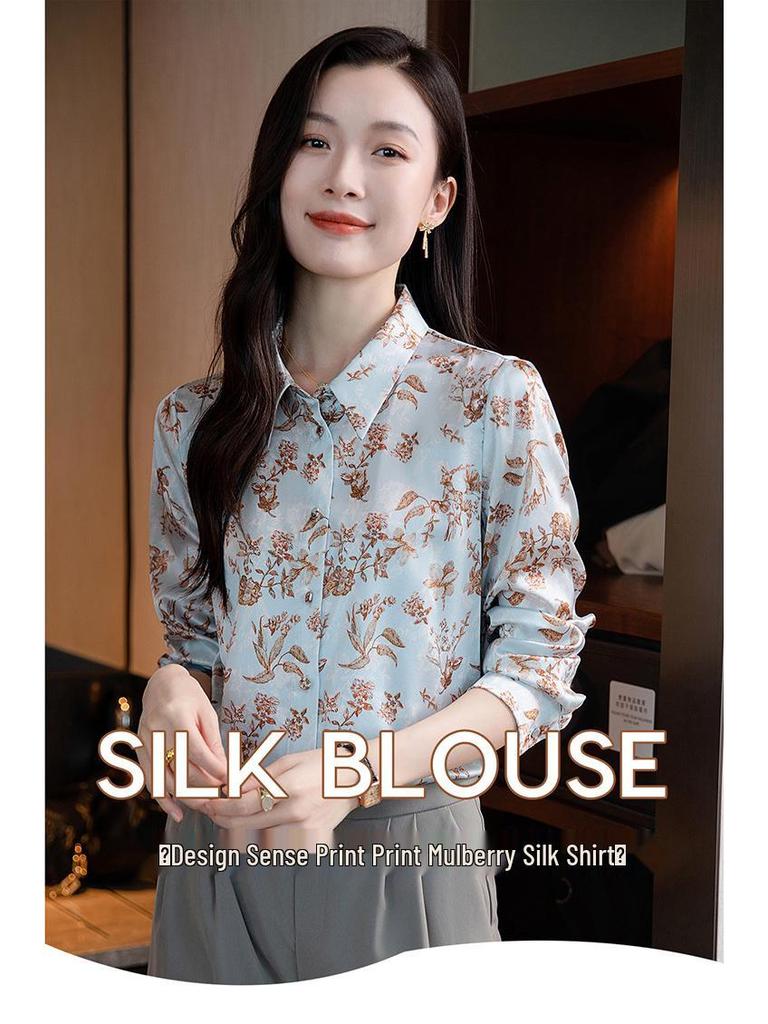 2025 Women's Printed Mulberry Silk Shirt: Slim Fit, Fashionable Real Silk Top for Spring & Autumn