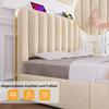 Upholstered Bed Single Bed, Headboard with Golden Stripes and USB Type-C Charging Function 90*200 cm, Beige Linen with 4 Drawers (Without Mattress)